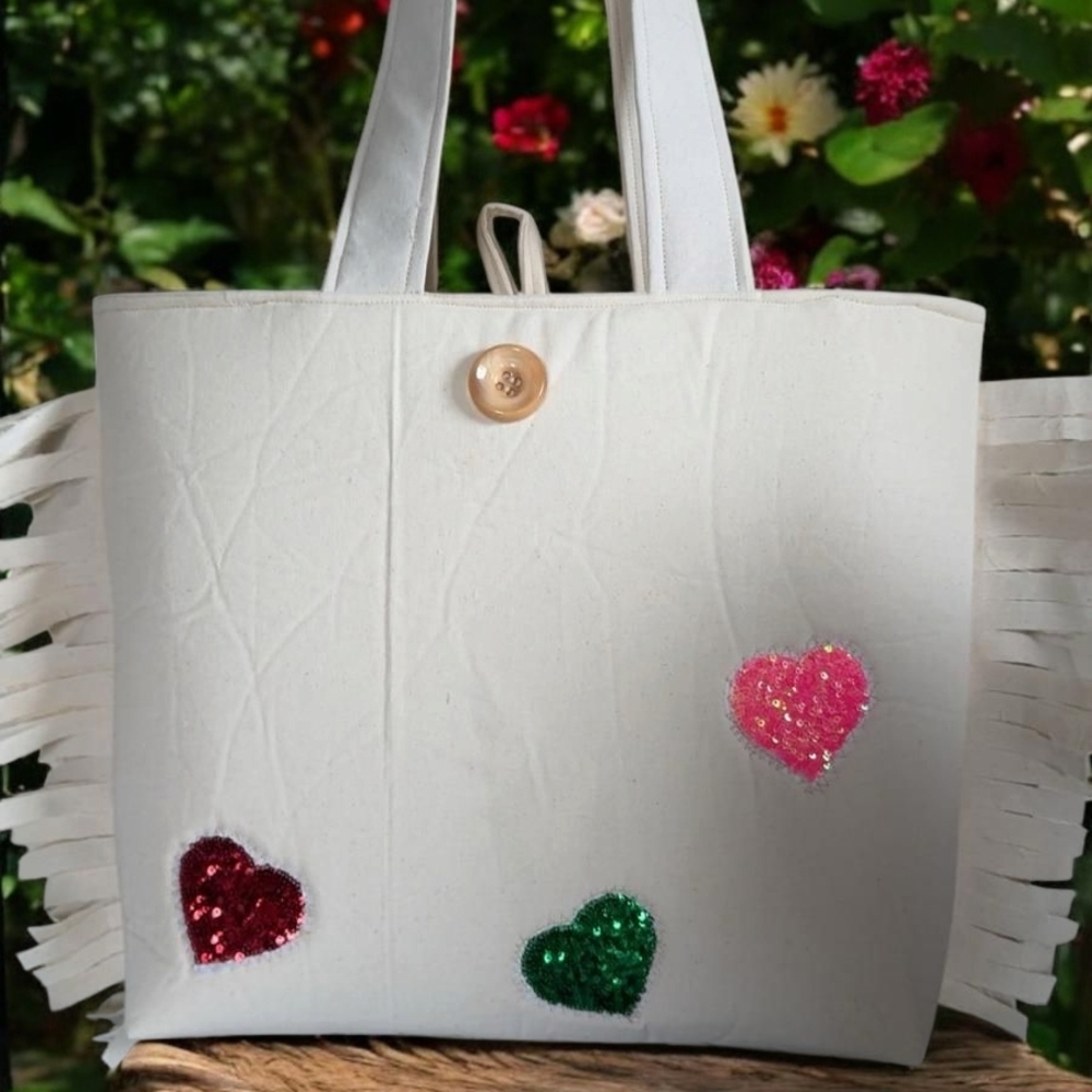 White Tote Bag with Heart Accents